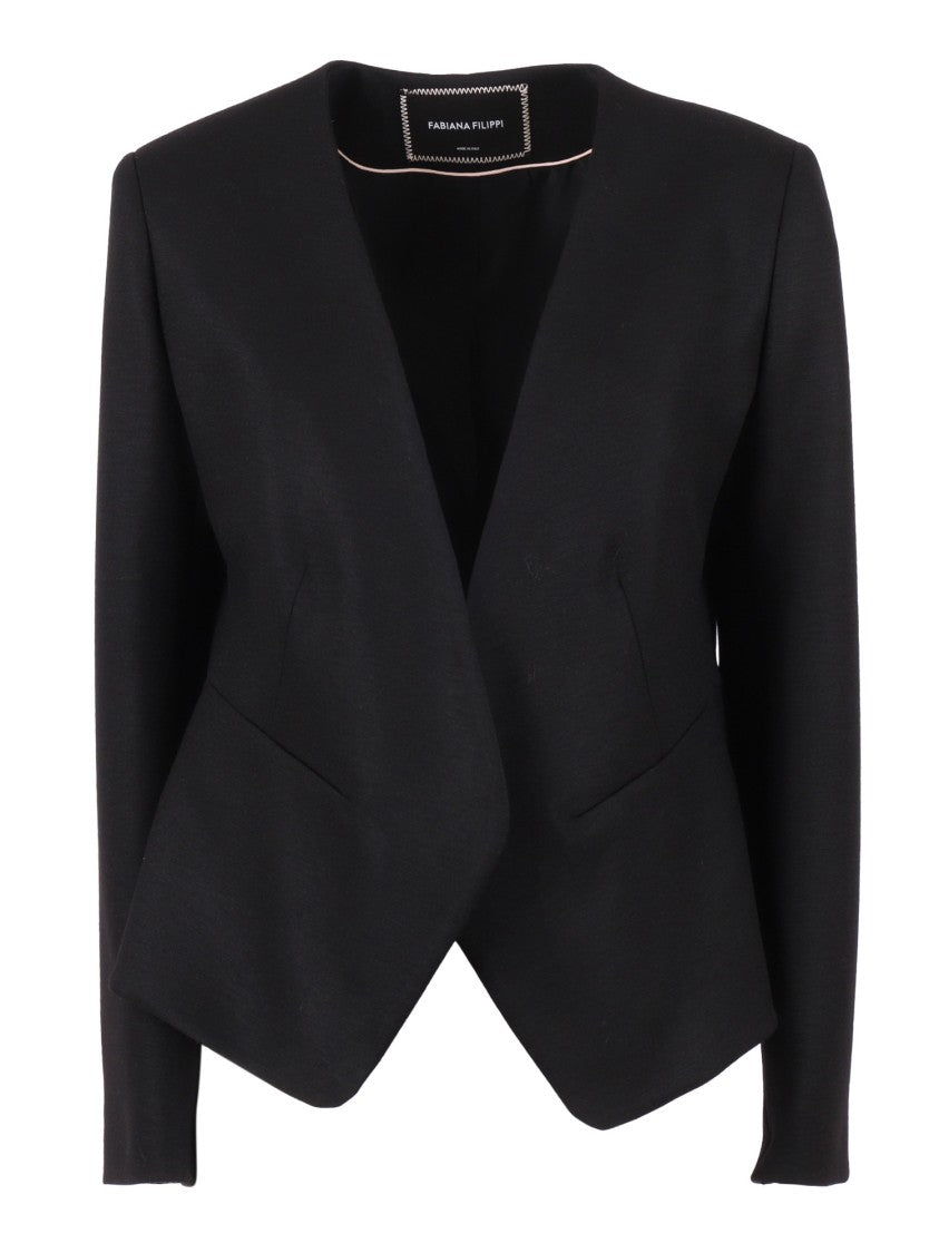Fabiana Filippi Black Boiled Wool Jersey Lapelless Jacket