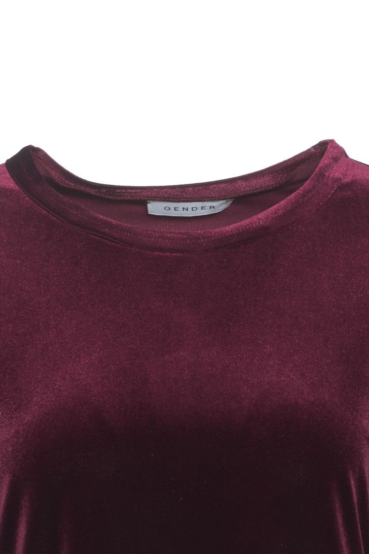 Gender Burgundy Velvet T-Shirt With Classic Round Neckline