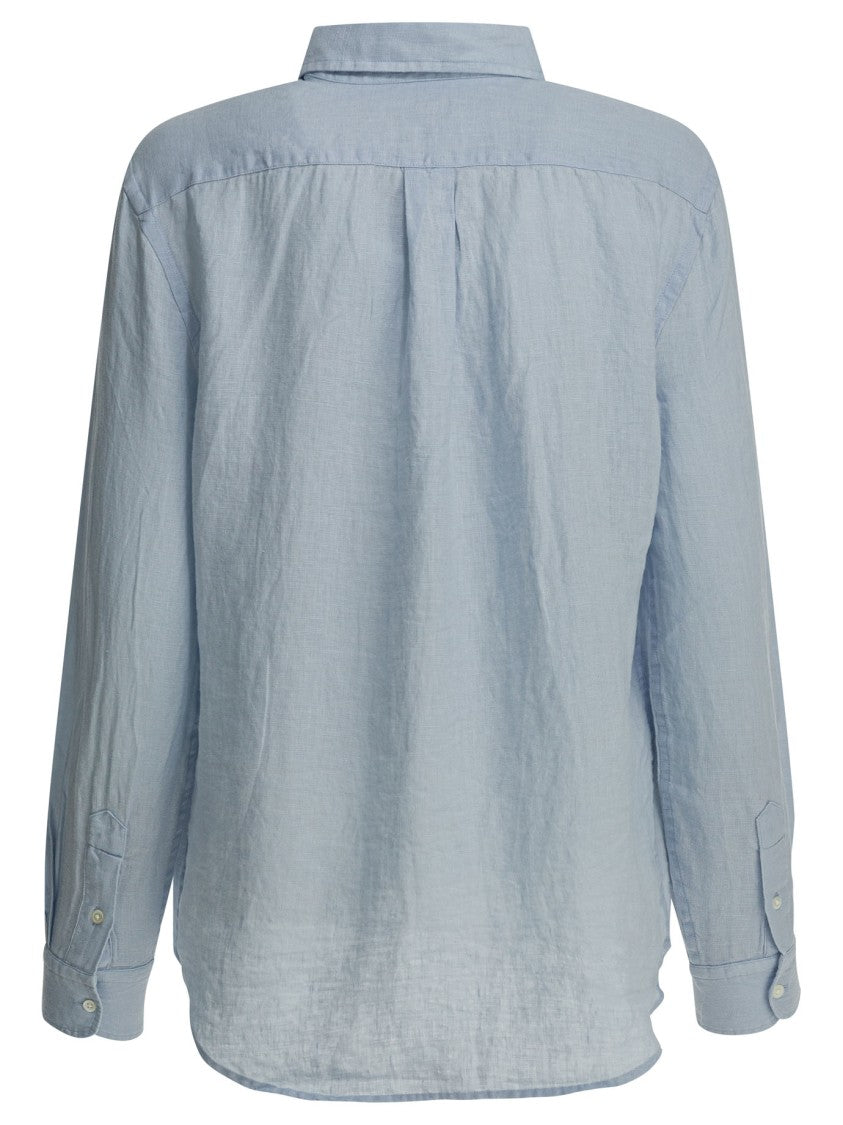 Polo Ralph Lauren Light Blue Linen Shirt With Classic Collar And Embroidered Logo