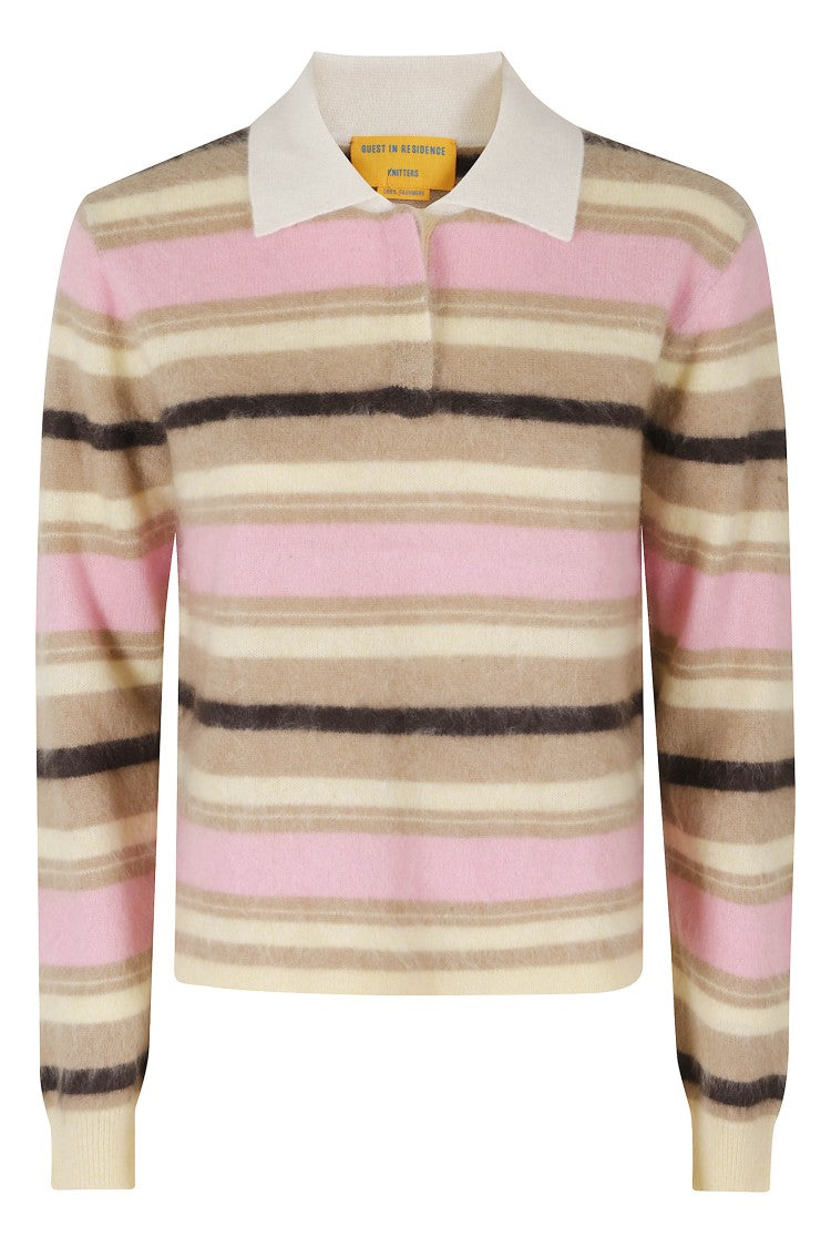 Guest In Residence Pink Cream Brown Grizzly Cropped Rugby Cashmere Polo Shirt