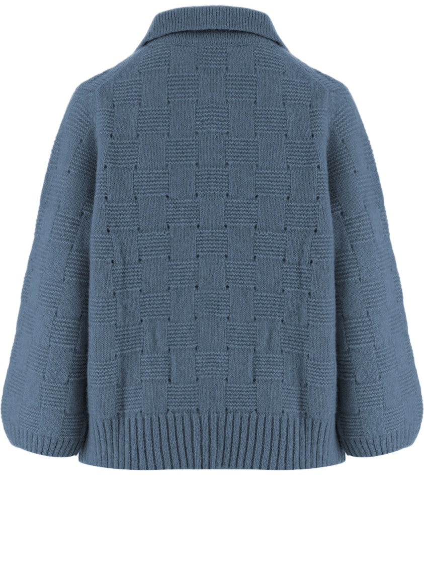 Allude Light Blue Checkered Knit Button-Down Sweater