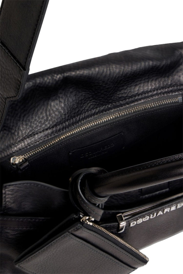 Dsquared2 Black Leather Buckle-Strap Shoulder Bag