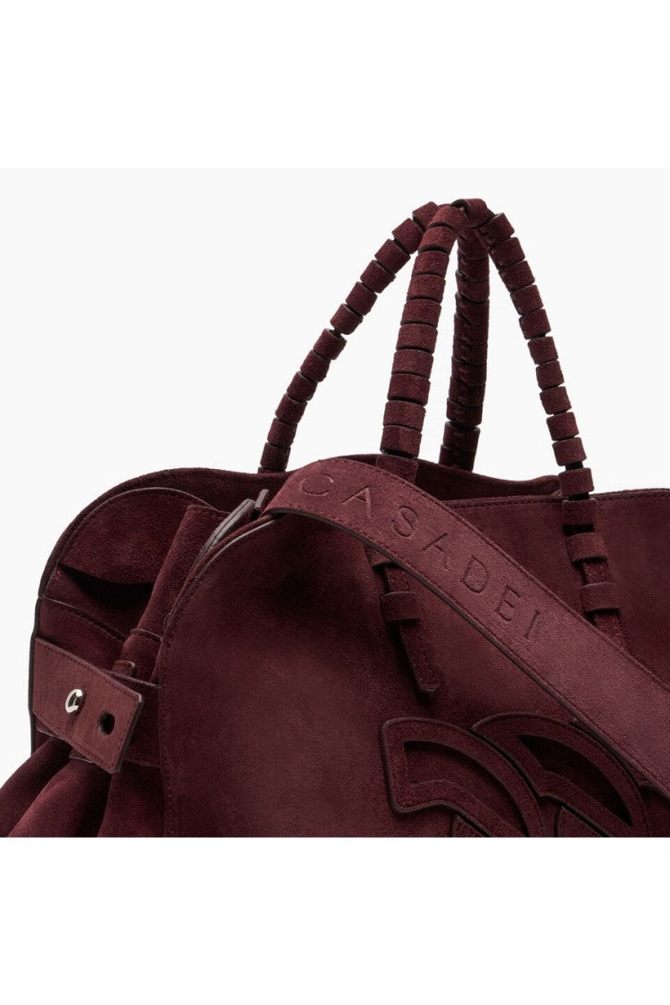 Casadei Burgundy Embossed Logo Adjustable Strap Suede Shoulder Bag