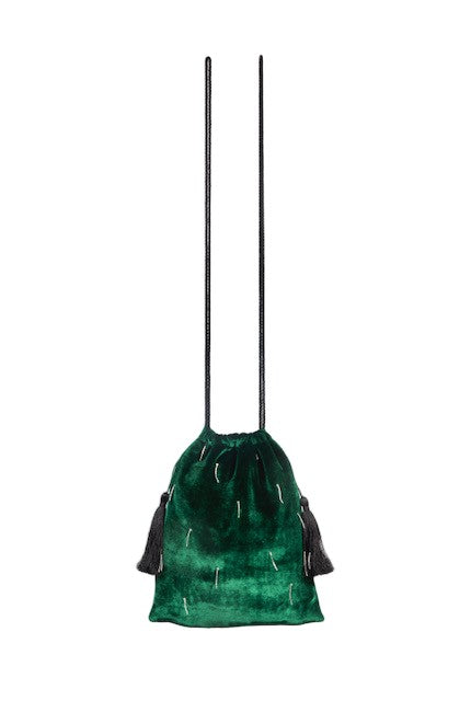 Hamoulet Small Green Velvet Drawstring Bag With Silver Embroidery