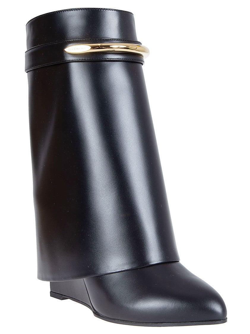 Givenchy Pointed Toe Black Calf Leather Ankle Boots With Covered Wedge Heel
