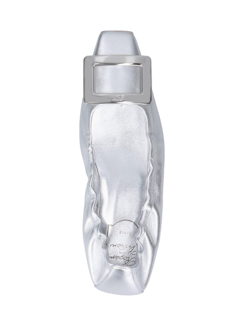 Roger Vivier Metallic Silver Leather Ballerina Flats With Draped Detailing