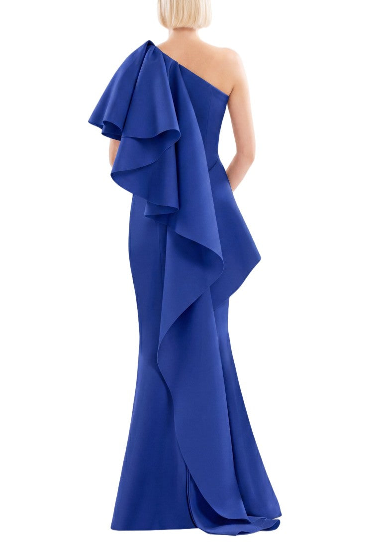 Saiid Kobeisy Yellow Pear Ruffled One-Shoulder Scuba Long Dress