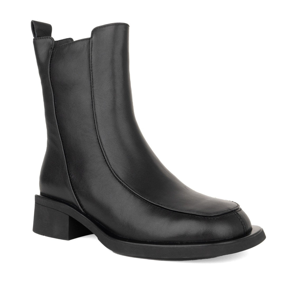 Linda Baumann Black Sleek Low Block Heel Leather Ankle Boots