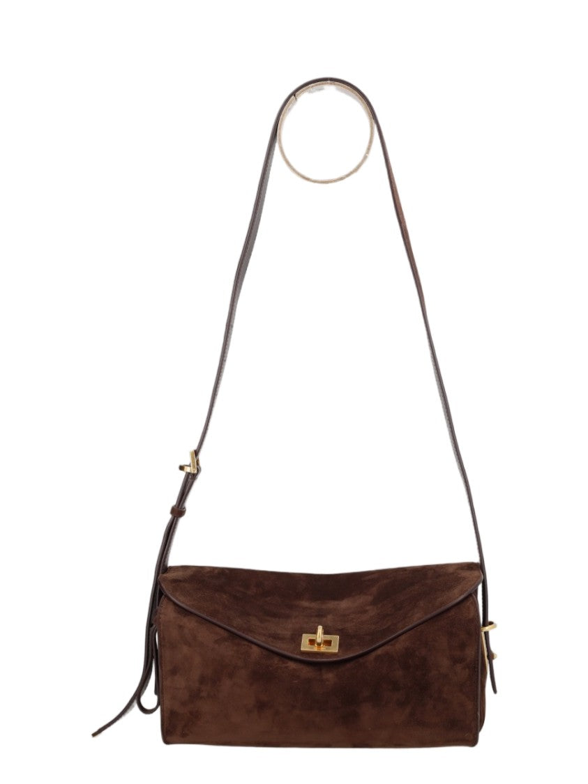Balenciaga Medium Rectangular Suede Shoulder Bag With Gold Accents