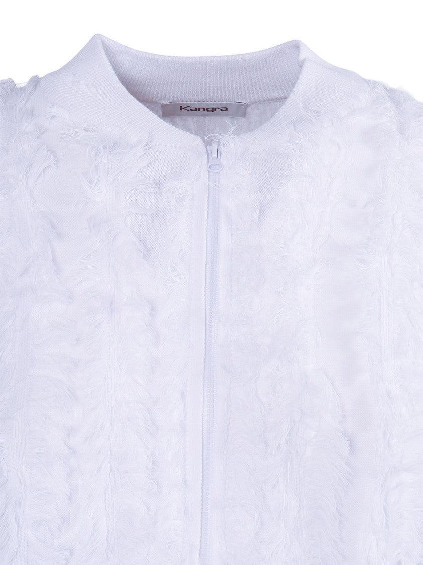 Kangra Cashmere White Fringed Cotton Bomber Jacket