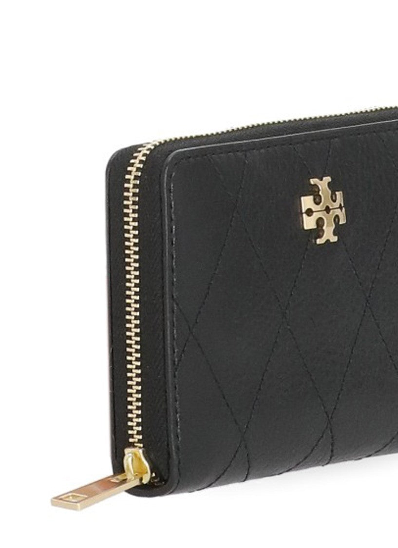 Tory Burch Black Quilted Leather Zip-Around Gold Logo Wallet