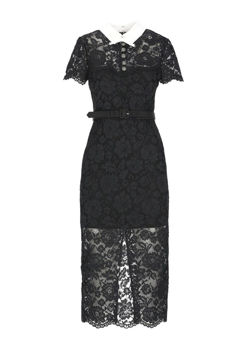 Self-Portrait Intricate Floral Lace Midi Dress With Bow Collar And Jewel Buttons