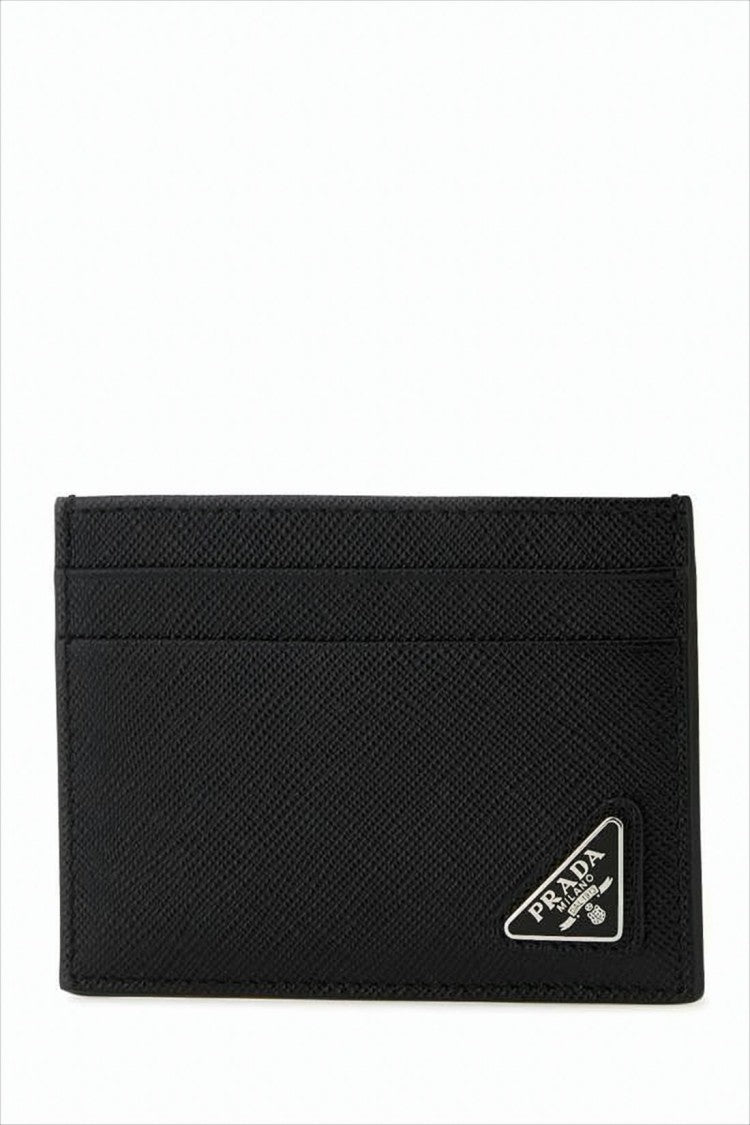 Prada Textured Leather Card Wallet With Triangular Metal Logo
