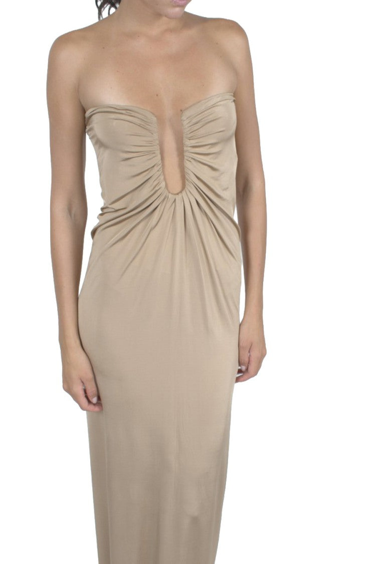 Magda Butrym Beige Strapless Gathered Cut-Out Viscose-Blend Maxi Dress