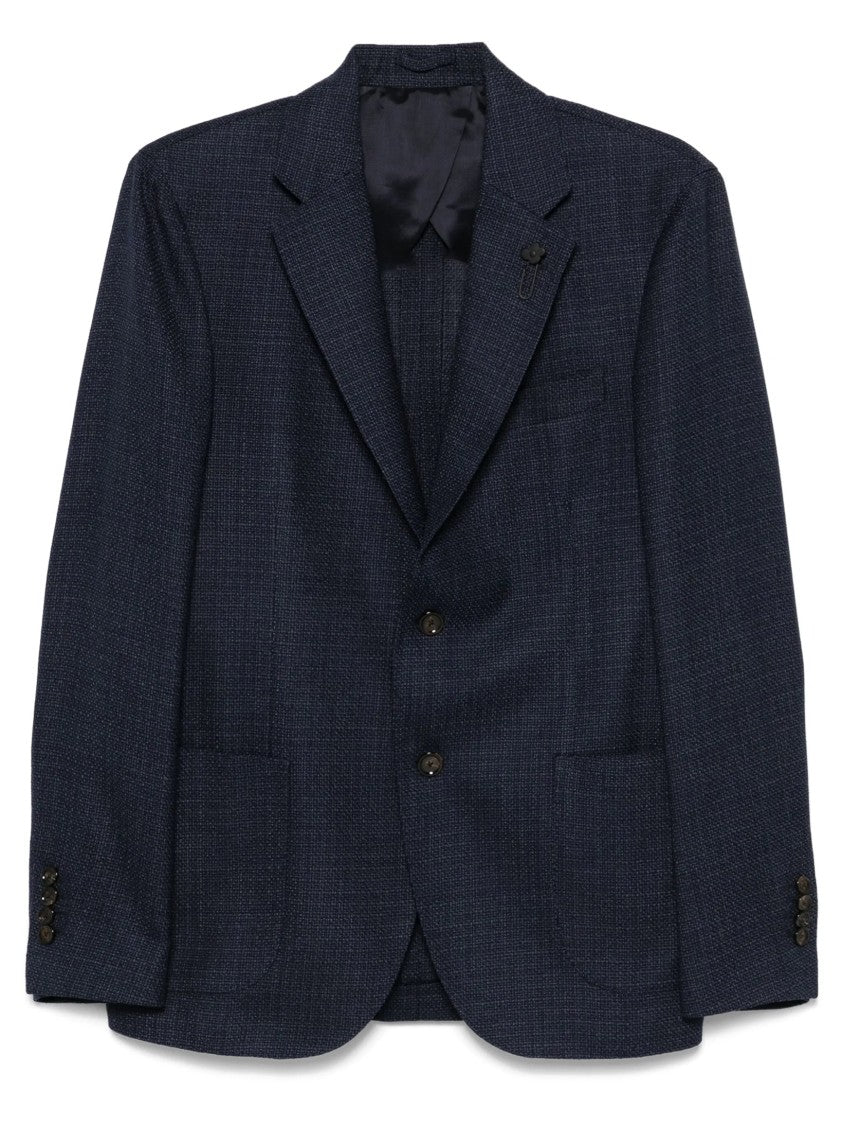 Lardini Blue Herringbone Weave Blazer With Brooch Detail