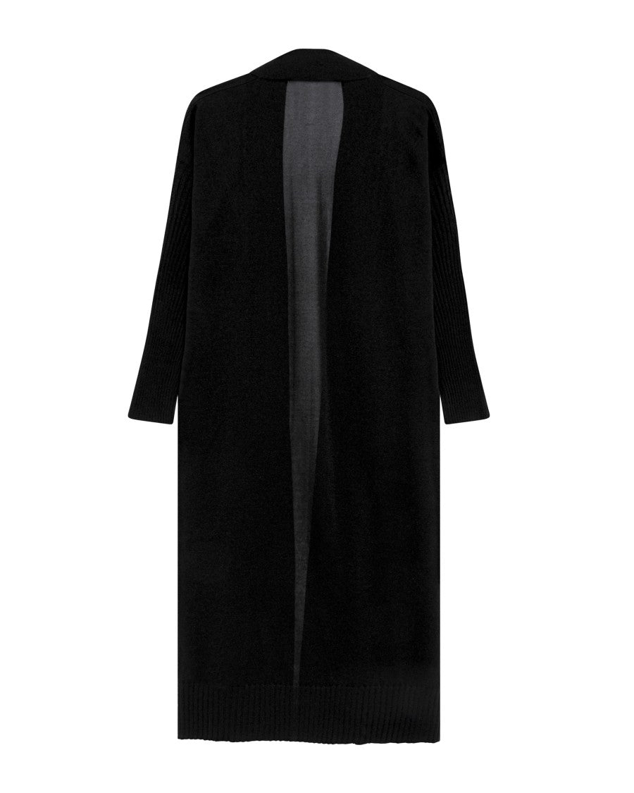 Alpha Studio Open-Front Long Black Cardigan In Shiny Viscose Blend