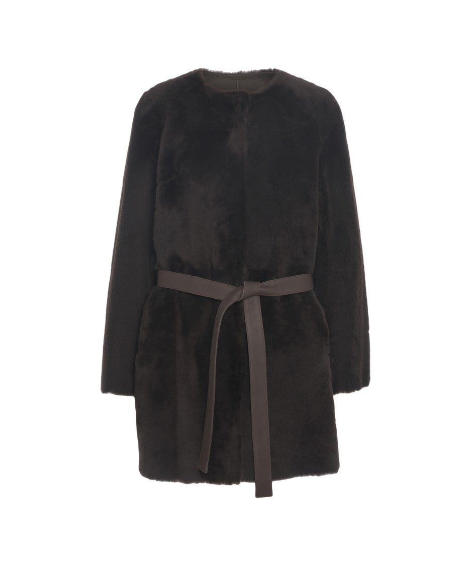 Desa 1972 Shearling Coat With Round Neckline And Waist Belt