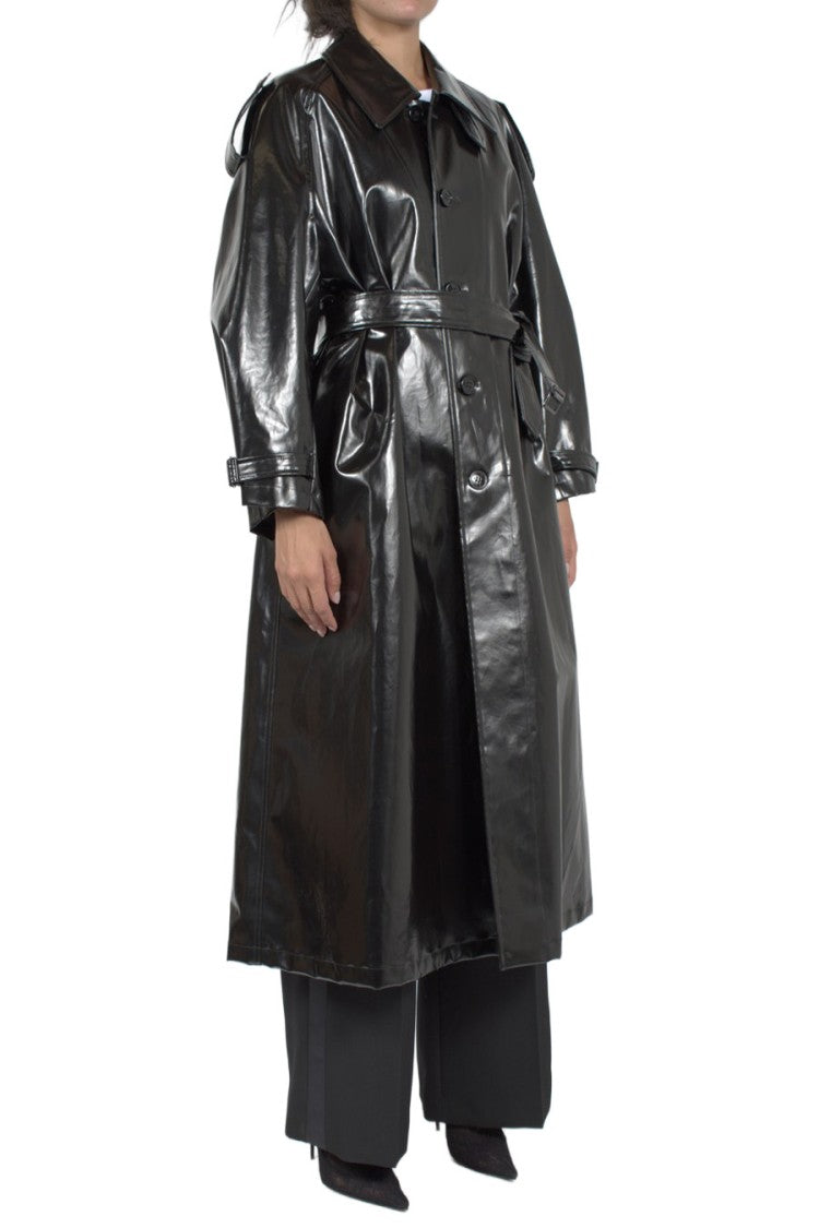 Saint Laurent Black Glossy Long Belted Polyurethane Coat
