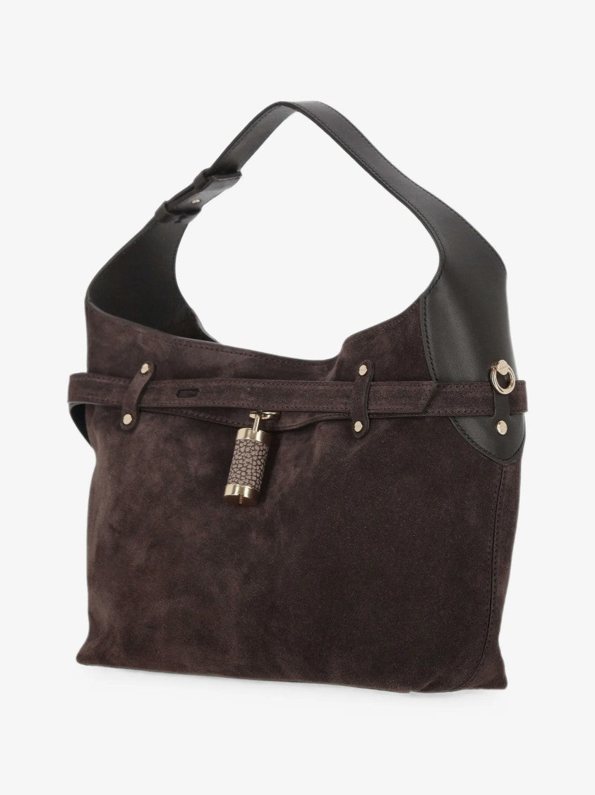 Borbonese Dark Brown Suede Hobo Bag With Gold-Tone Padlock Detail