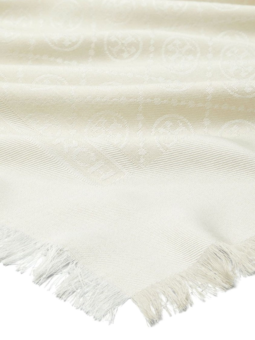 Tory Burch Ivory Wool-Silk Blend Wraparound Scarf With Monogram Pattern