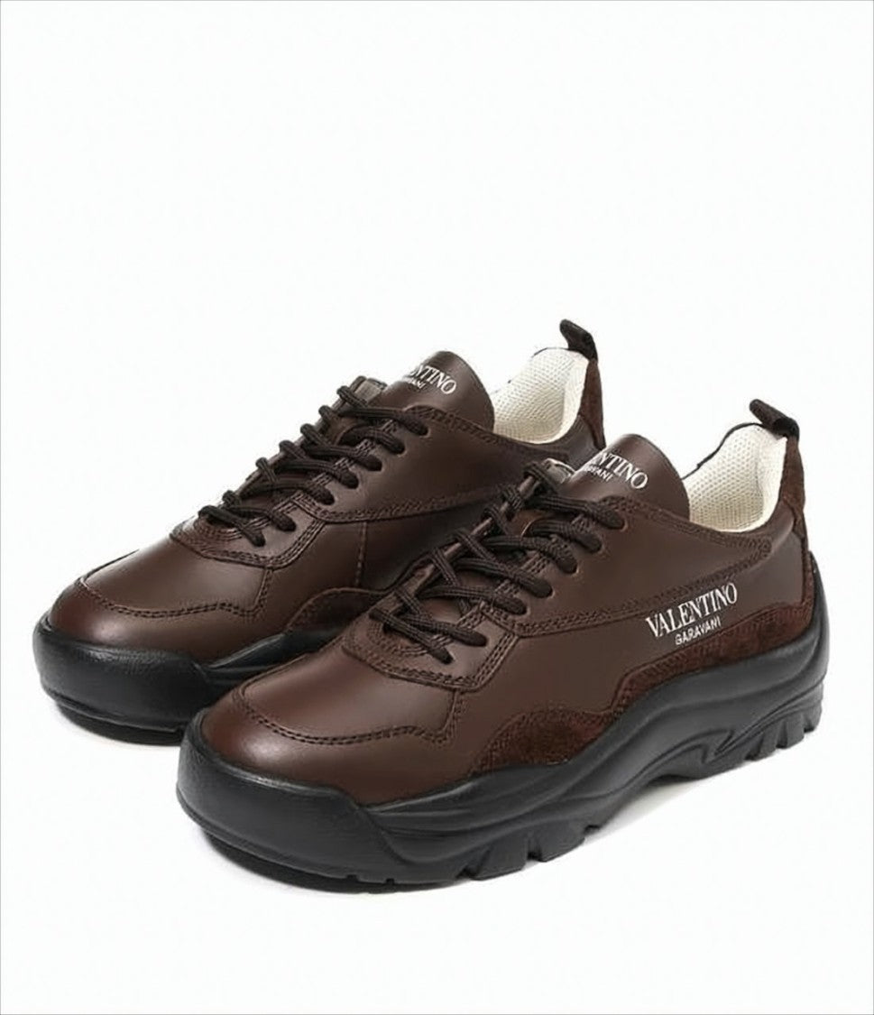 Valentino Garavani Brown Leather And Suede Sneakers With Textured Sole