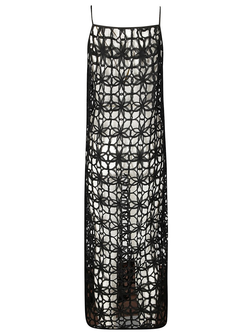 Stefano Mortari Black Long Dress With Fishnet Floral Embroidery