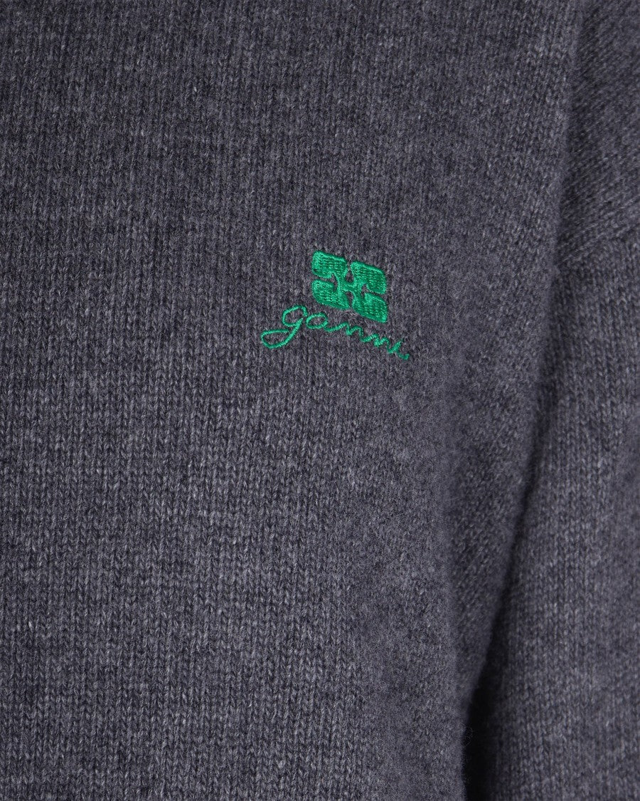 Ganni Oversized V-Neck Knit Sweater With Lace-Up Details