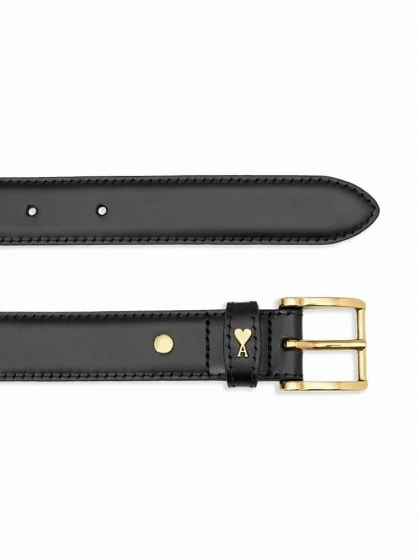 Ami Paris Narrow Leather Belt With Gold Buckle