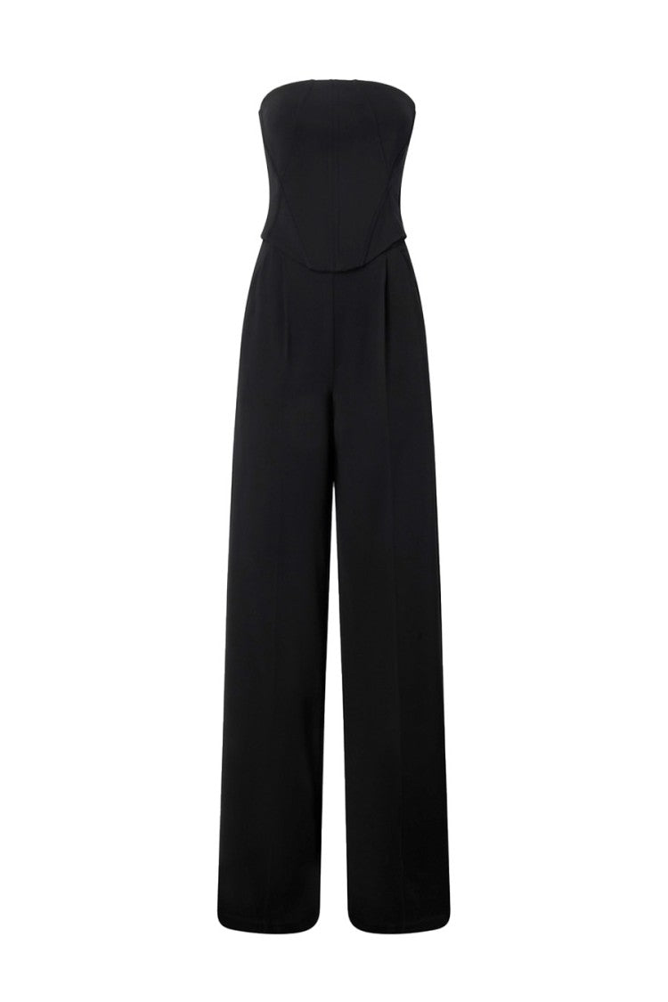 Pinko Strapless Black Jumpsuit With Structured Seams