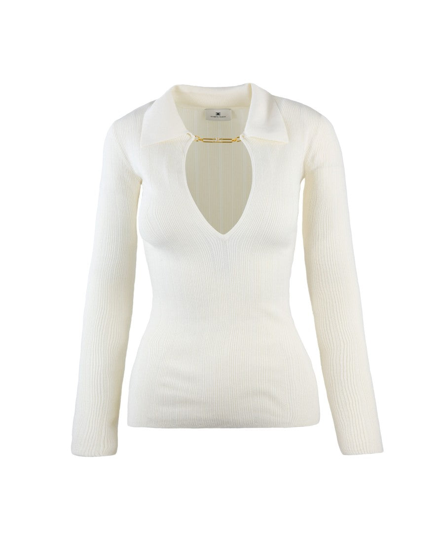 Elisabetta Franchi White Ribbed Knit Top With À Jour Detailing