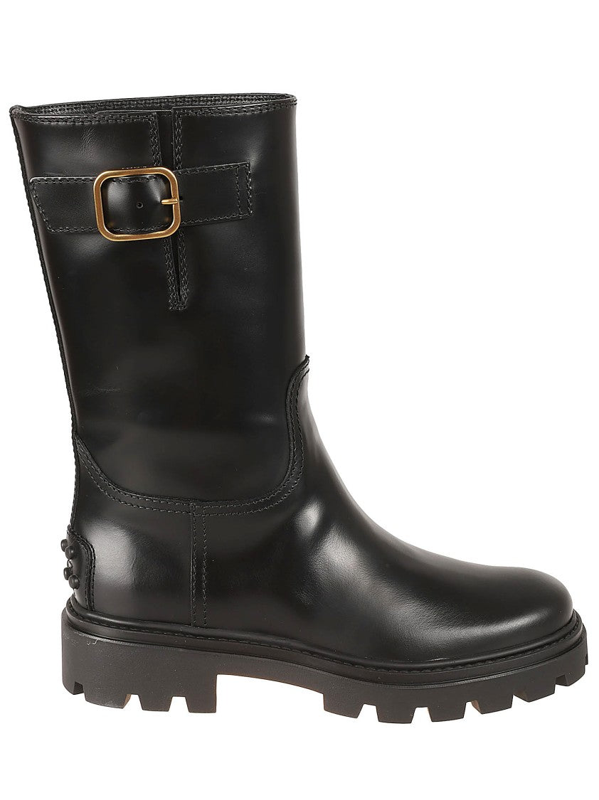 Tod's Calfskin Black Boots With Decorative Buckle