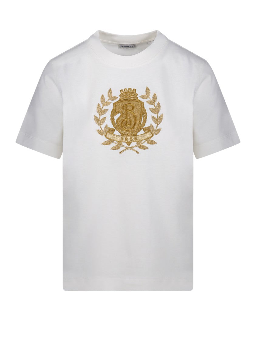 Burberry White Cotton T-Shirt With Gold Emblem