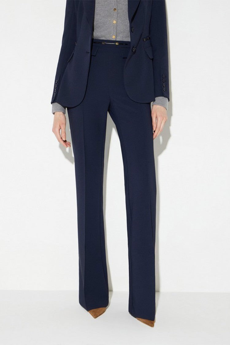 Elisabetta Franchi Navy Polyester-Elastane Blend Buckle-Waist Trousers