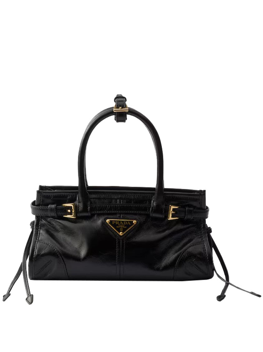 Prada Mini Handbag With Glossy Black Finish And Gold Accents