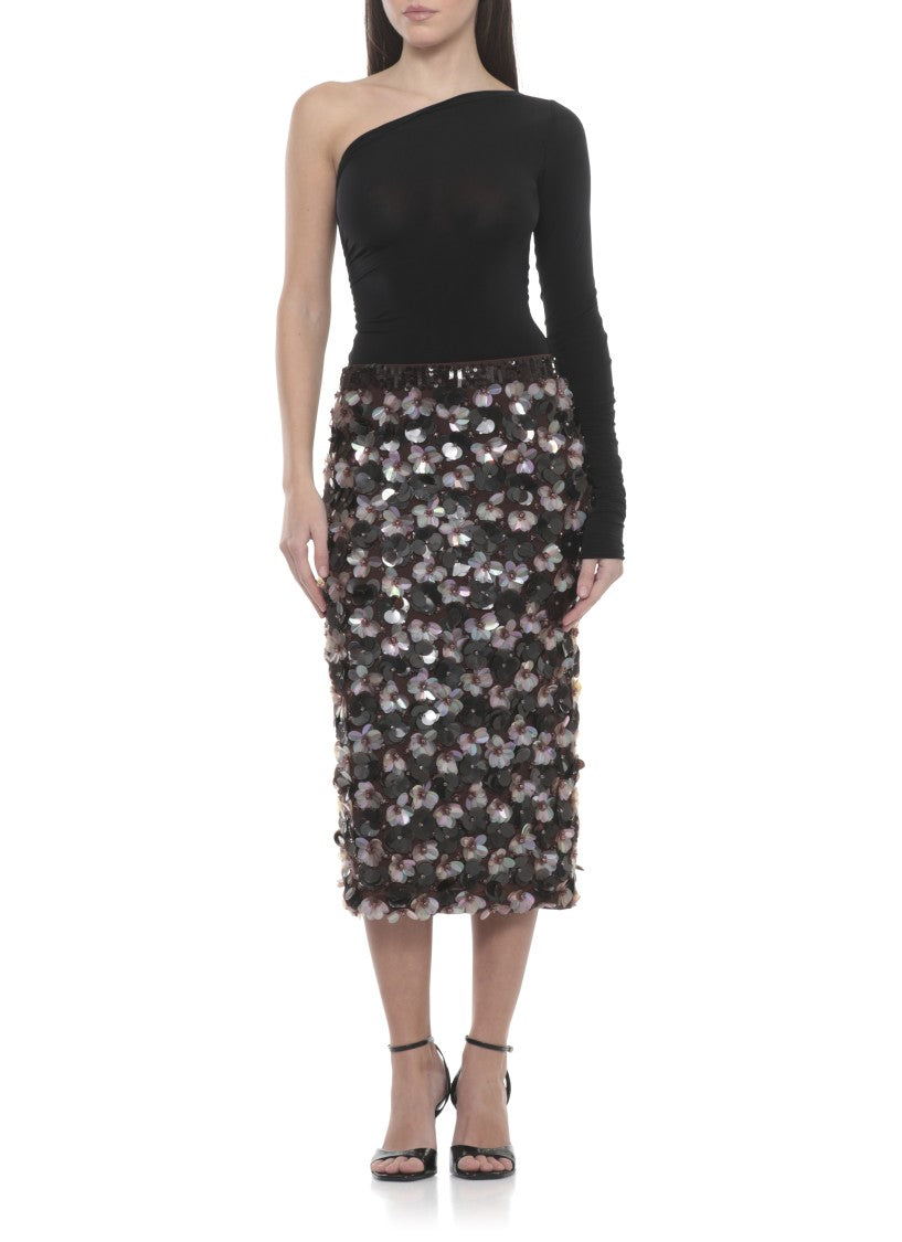 Parosh Fitted Midi Skirt With Floral Sequin Detail