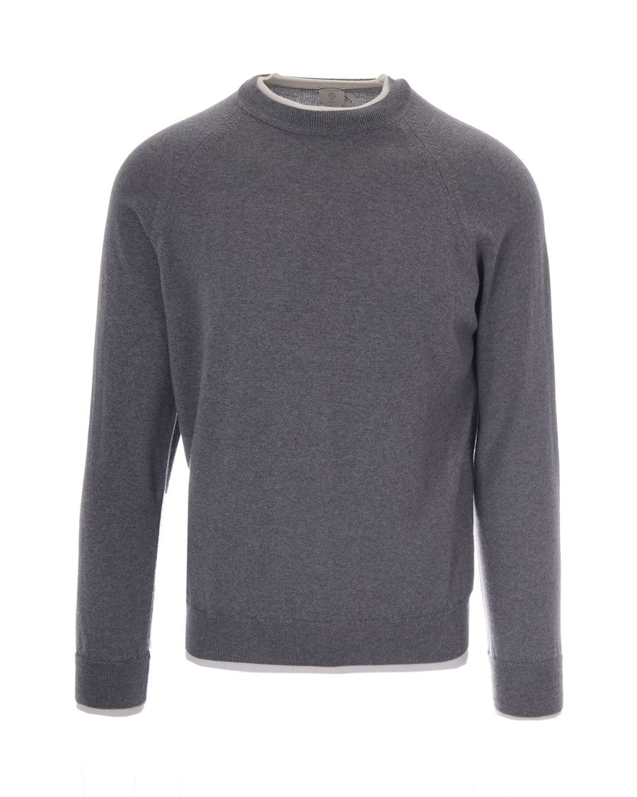 Eleventy Crew Neck Grey Wool Sweater With Contrasting Detailing