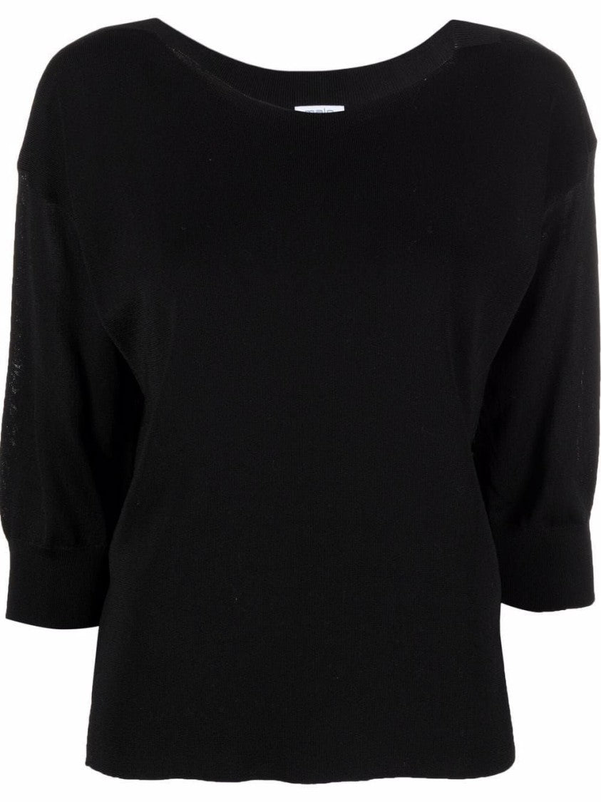 Malo Relaxed Fit Black Sweater With Wide Neckline And Three-Quarter Sleeves
