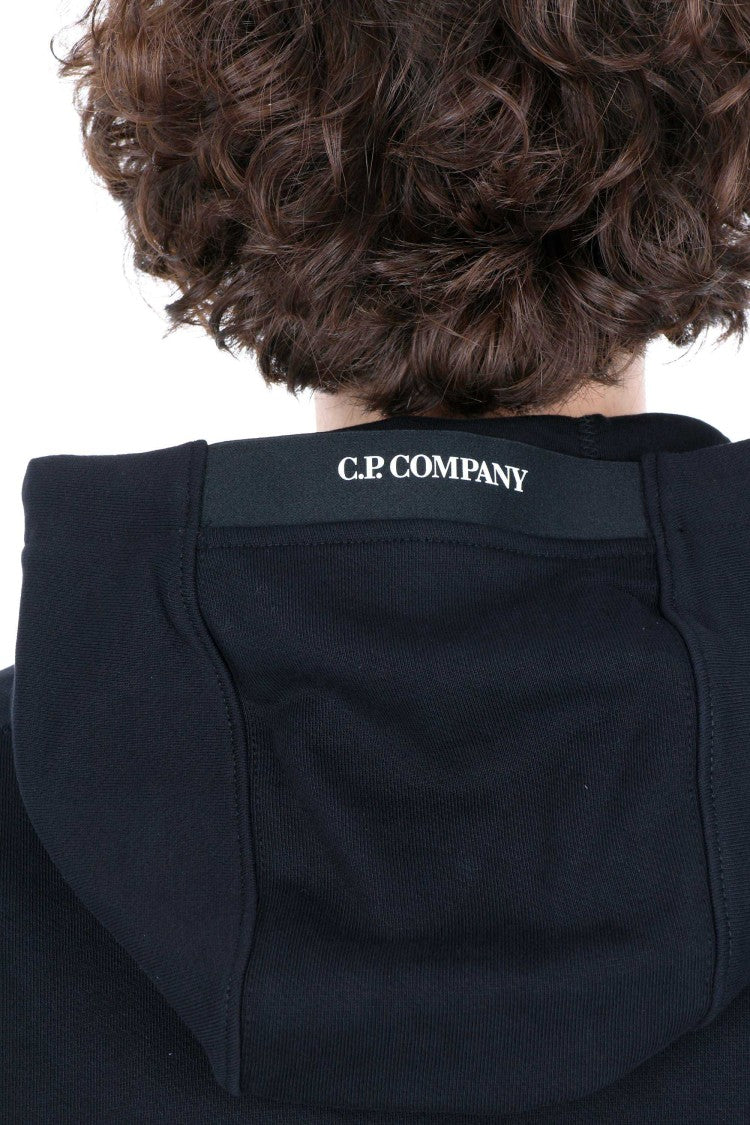 C.P. Company Diagonal Cotton Black Hoodie With Logo Patch