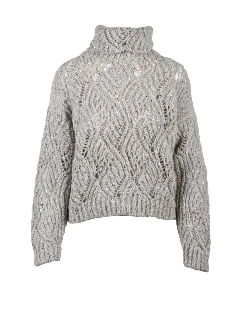 Panicale High Neck Knit Sweater With Rhinestone Accents And Textured Detail