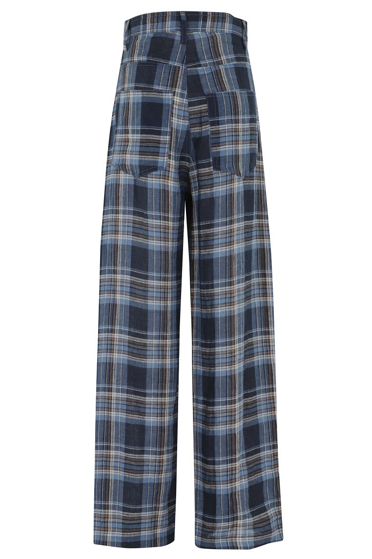 Marbell Blue Courtney Check Checkered Linen-Blend Pants