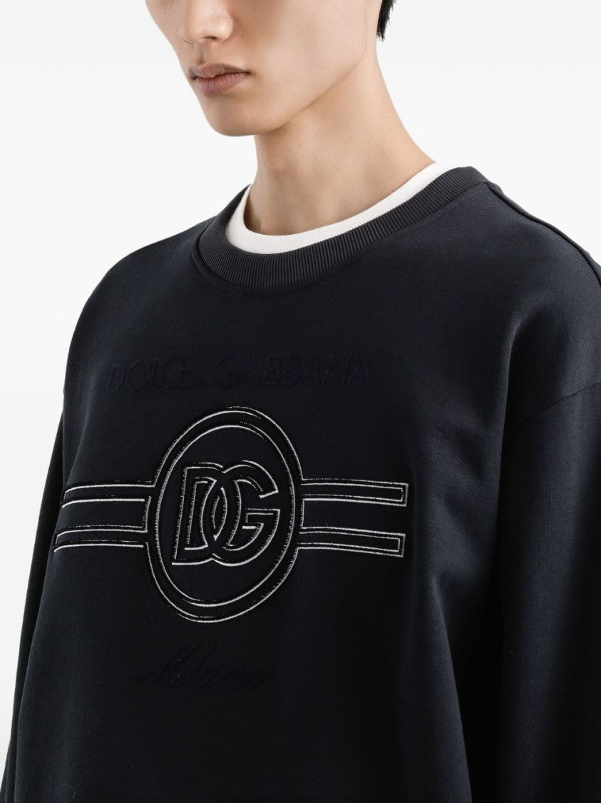 Dolce & Gabbana Dark Blue Crew Neck Sweatshirt With Logo Emblem