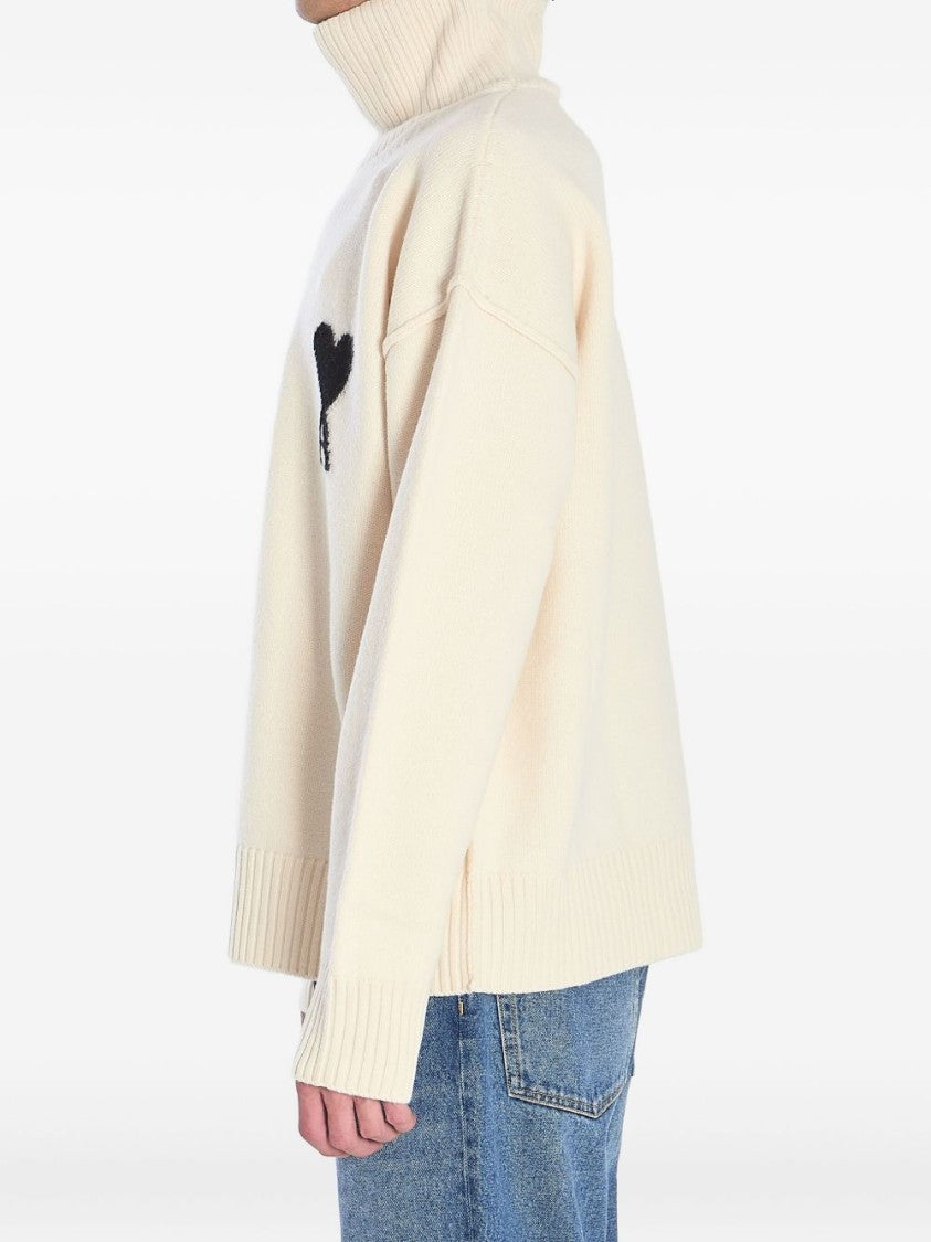 Ami White Turtleneck Sweater With Heart Motif