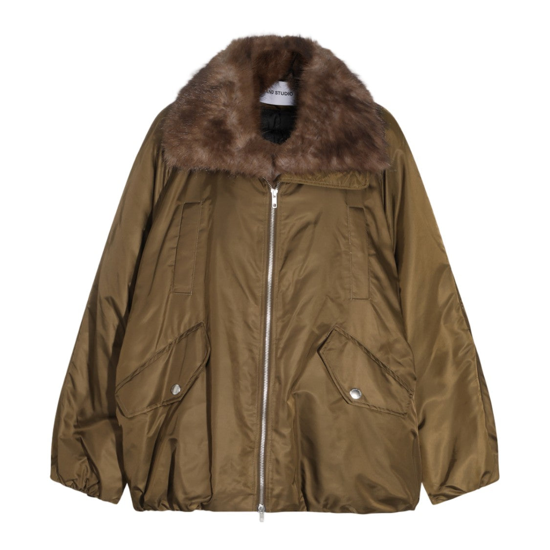 Stand Studio Shiny Olive-Brown Faux Fur Jacket