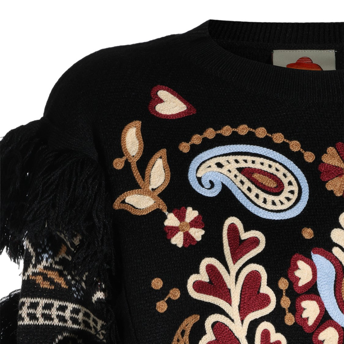 Farm Rio Black Embroidered Fringed Sweater