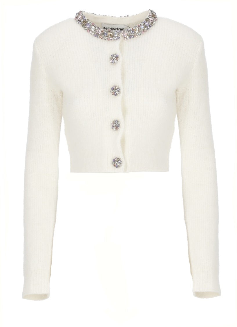 Self-Portrait Cropped Ivory Cardigan With Multicolored Strass Embellishments