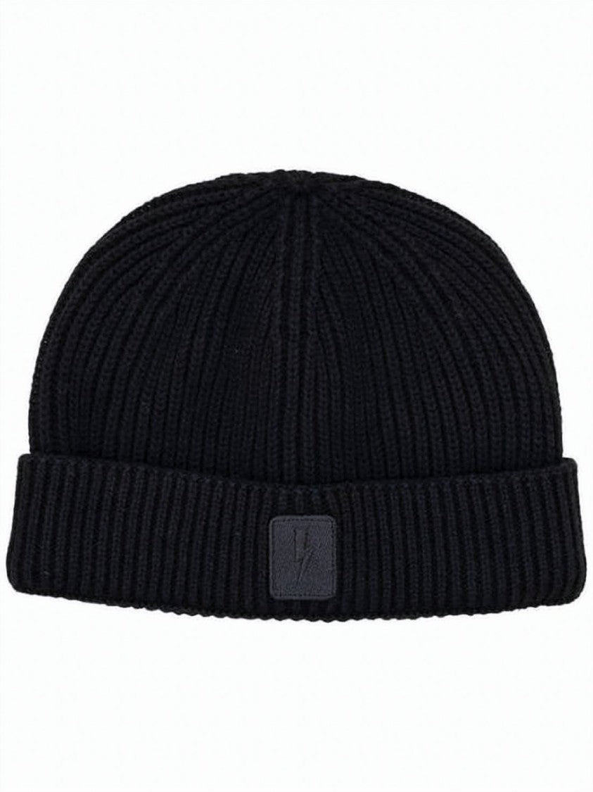 Neil Barrett Ribbed Knit Beanie With Folded Cuff And Patch Detail