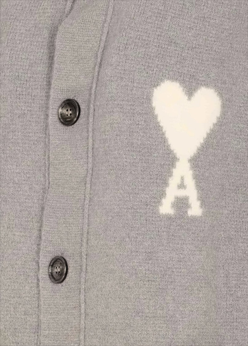Ami Alpaca Blend Cardigan With Intarsia Heart Design