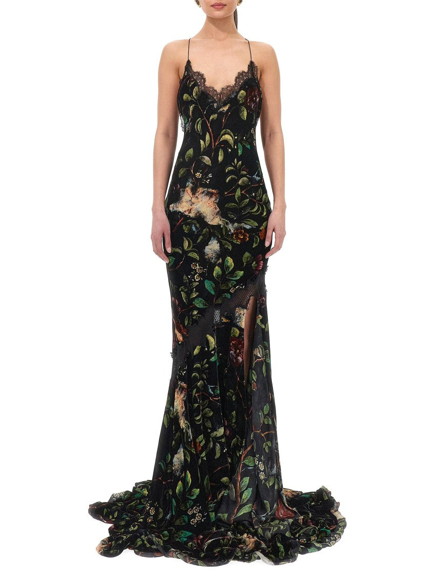 Roberto Cavalli Floral Print Slip Dress With Lace Inserts