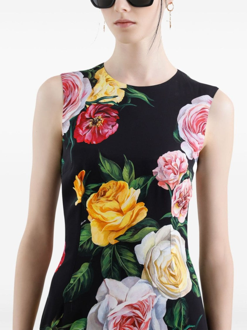 Dolce & Gabbana Fitted Floral Print Dress With Vibrant Roses