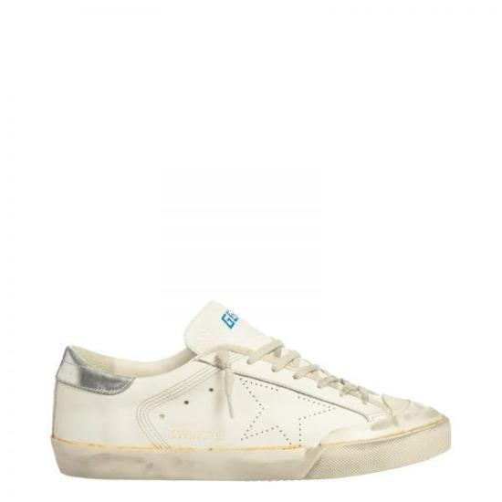Golden Goose Distressed White Leather Sneakers With Silver Accents